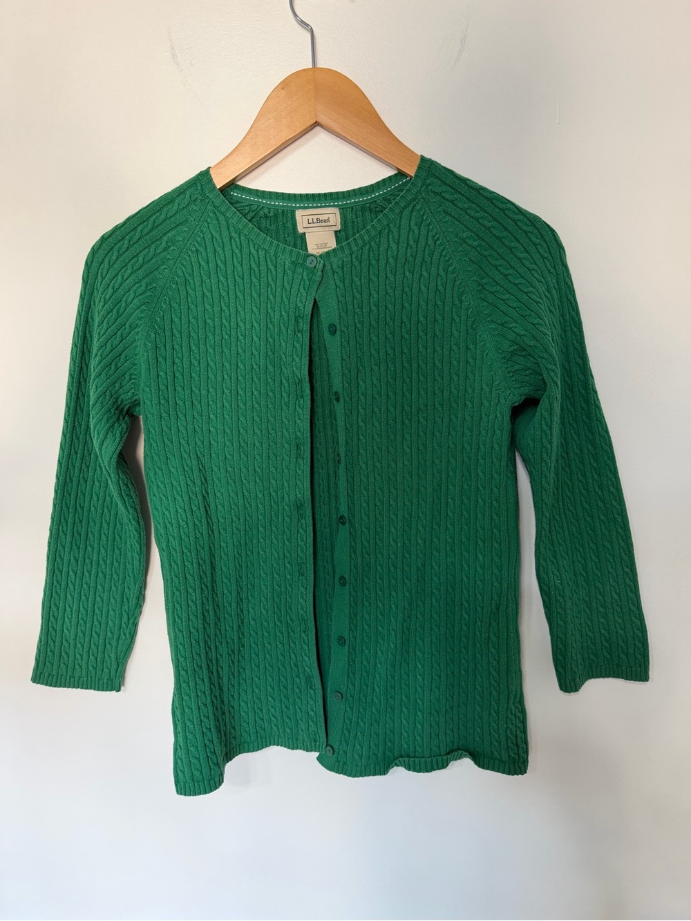 L.L.Bean Green Cable Knit Cardigan Sweater Women’s Medium Reg Cotton 3/4 Sleeve